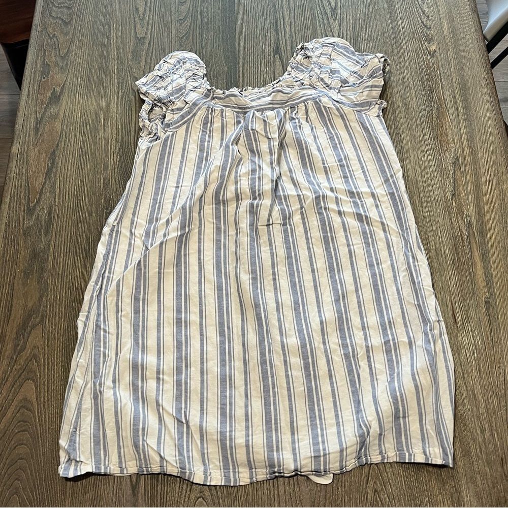 Loft A-line Dress Linen Blend Puffed Sleeve Pullover Striped Blue White Size L